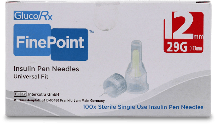 GlucoRx FinePoint Insulin Pen Needles 12mm 100 Pack