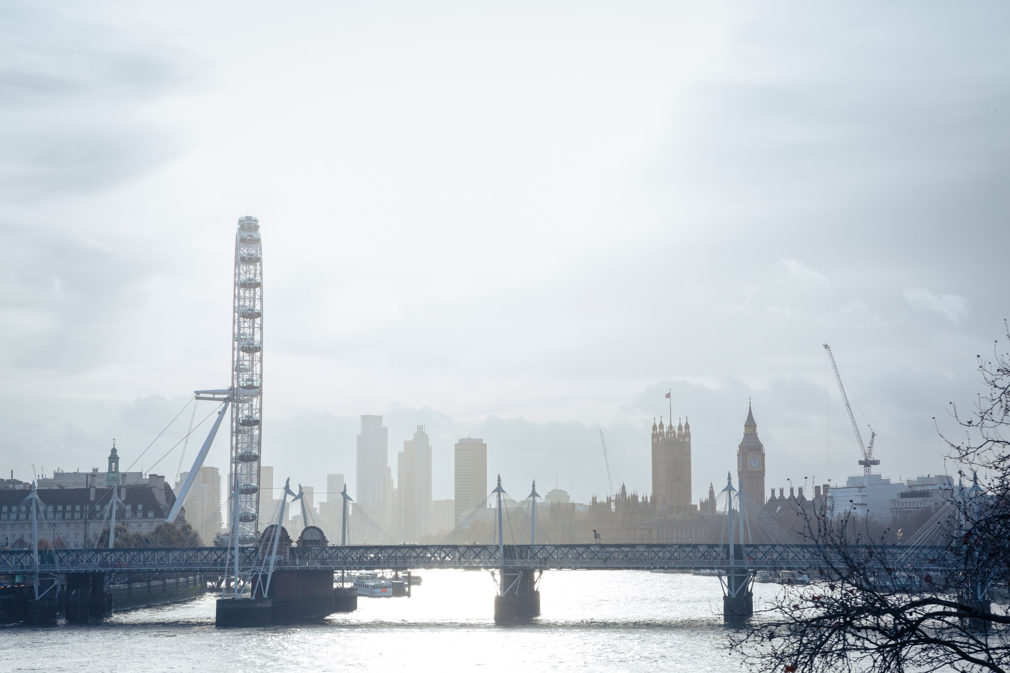 A silhouette of London including the London Eye and Houses of Parliament